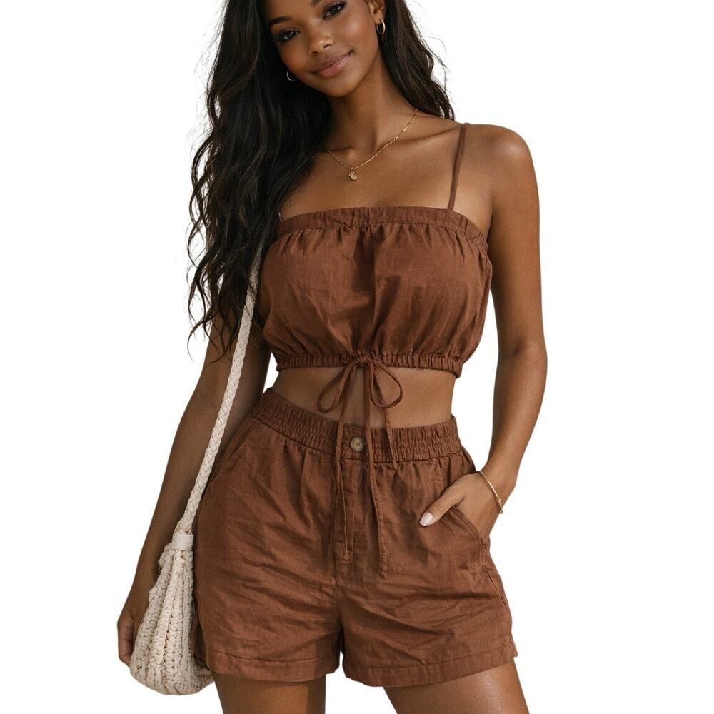 Cupshe Brown 2 Pc Set Crop Top Shorts Smocked Strap Summer Outfit Women S New